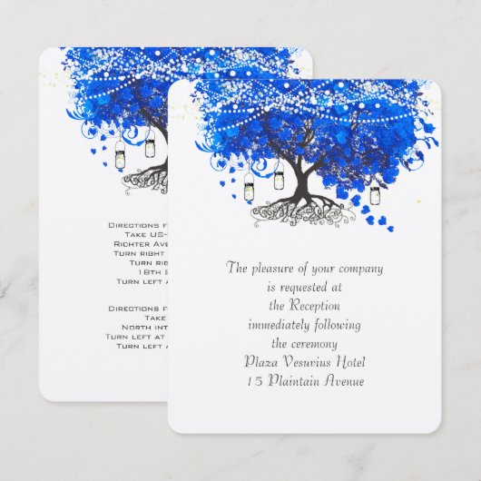 Kobalt Blue Heart Leaf Tree Wedding Kaart (Voorkant / Achterkant)