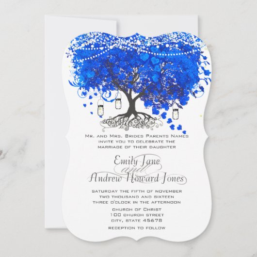 Kobalt Blue Heart Leaf Tree Wedding Kaart (Voorkant)
