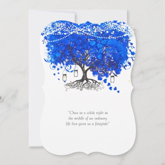 Kobalt Blue Heart Leaf Tree Wedding Kaart (Achterkant)