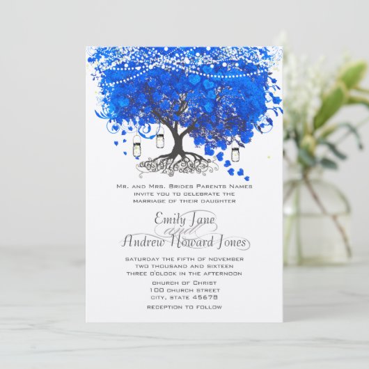 Kobalt Blue Heart Leaf Tree Wedding Kaart (Staand voorkant)
