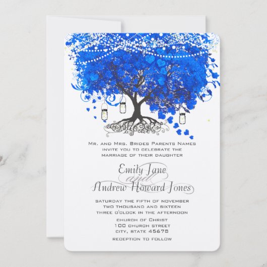 Kobalt Blue Heart Leaf Tree Wedding Kaart (Voorkant)