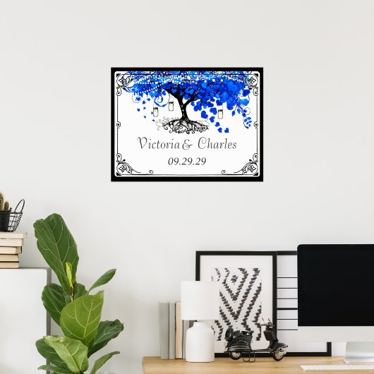 Kobalt Blue Heart Leaf Tree Wedding Poster (Thuiskantoor)