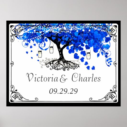 Kobalt Blue Heart Leaf Tree Wedding Poster (Voorkant)