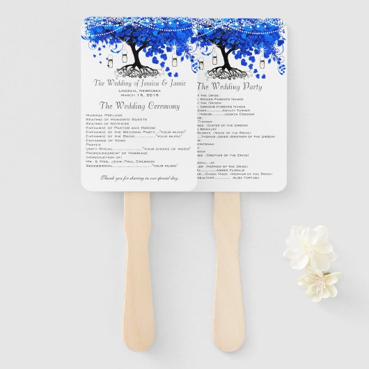 Kobalt Blue Heart Leaf Tree Wedding Programs Handwaaier (Voorkant en achterkant)