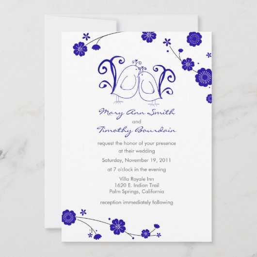 Kobalt Blue, Lovevogels Wedding Invitation Kaart (Voorkant)