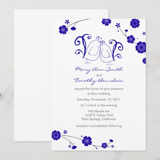 Kobalt Blue, Lovevogels Wedding Invitation Kaart (Voorkant / Achterkant)