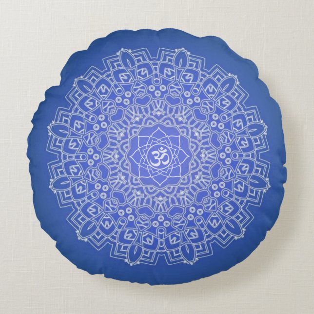 Kobalt Blue om Mandala Meditation Round Pillow Rond Kussen (Voorkant)