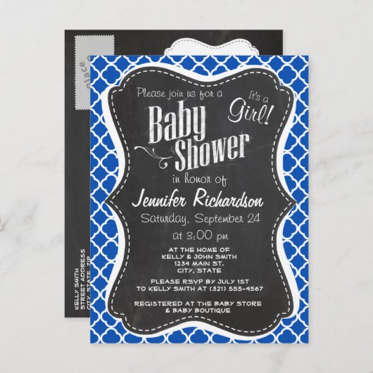 Kobalt Blue Quatrefoil; Retro Chalkboard Uitnodiging Briefkaart (Voorkant / Achterkant)