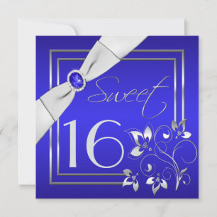 Kobalt Blue Silver Floral Sweet Sixteen Uitnodigin Kaart