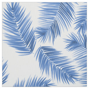 Kobalt Blue Tropical Palm Leaves Pattern Fabric Stof