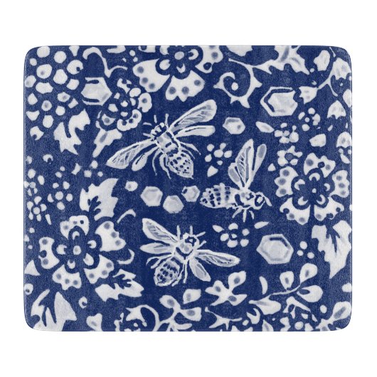 Kobalt Blue White Bee Woodland Tapestry Style Snijplank (Voorkant)