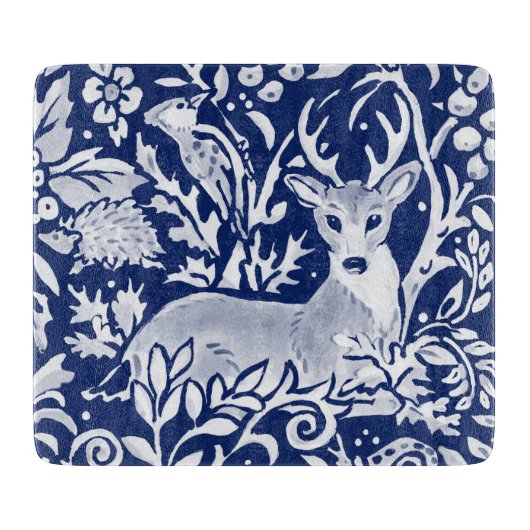 Kobalt Blue White Deer Woodland Tapestry Style Snijplank (Voorkant)