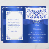 Kobalt Blue, White Floral Hearts Wedding Programme (Voorkant / Achterkant)
