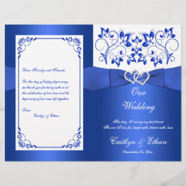 Kobalt Blue, White Floral Hearts Wedding Programme