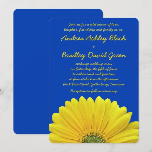 Kobalt Blue Yellow Gerber Daisy Wedding Invitation Kaart (Voorkant / Achterkant)