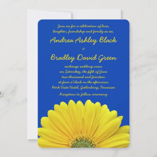 Kobalt Blue Yellow Gerber Daisy Wedding Invitation Kaart (Voorkant)