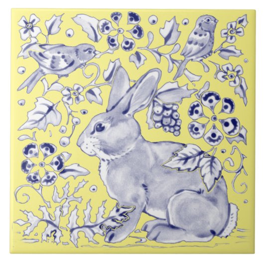 Kobalt Blue Yellow Rabbit Bird Woodland Floral Tegeltje (Voorkant)