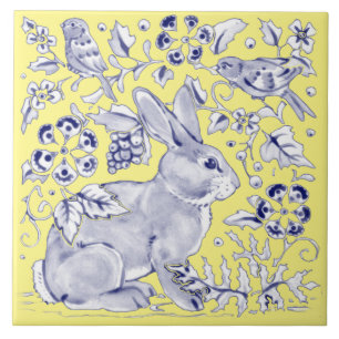 Kobalt Blue Yellow Rabbit Bird Woodland Floral Tegeltje
