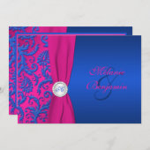 Kobalt en Fuchsia Damask bruiloft uitnodiging (Voorkant / Achterkant)