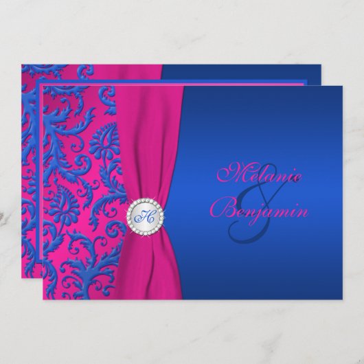 Kobalt en Fuchsia Damask bruiloft uitnodiging (Voorkant / Achterkant)