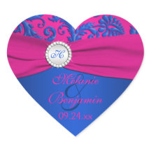 Kobalt en Fuchsia Damask Heart Shaped Sticker