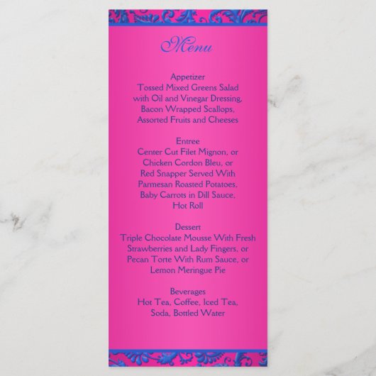 Kobalt en Fuchsia Damask Menu Kaart (Achterkant)