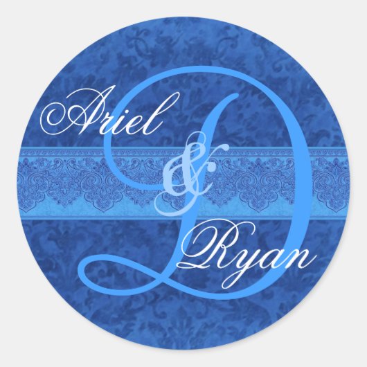 Kobalt en Sky Blue Damask Bruiloft Monogram V2 Ronde Sticker (Voorkant)