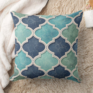 Kobalt en Teal Vierblad - Mediterraans Mozaïek Kussen