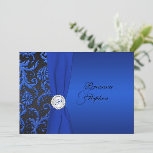 Kobalt en Zwart Damast bruiloft uitnodiging II (Staand voorkant)