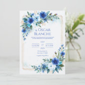 Kobalt Korenbloem Aquarel Bruiloft Kaart (Staand voorkant)