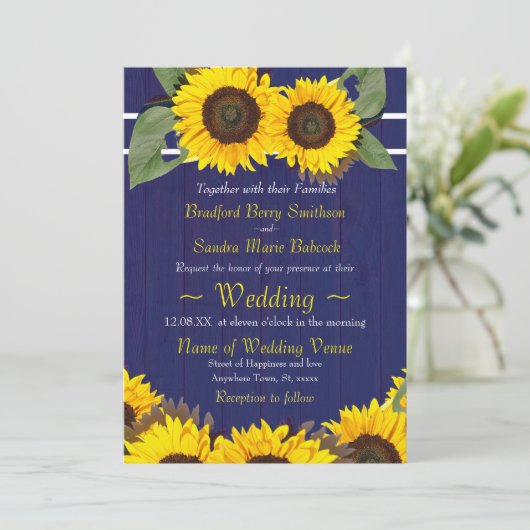 kobalt marine blauw hout zonnebloem rustieke bruil kaart (Staand voorkant)