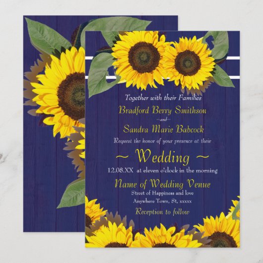 kobalt marine blauw hout zonnebloem rustieke bruil kaart (Voorkant / Achterkant)