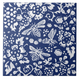 Kobalt Navy Blue Cobalt Beehive Floral Animal Tegeltje