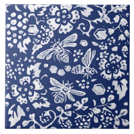 Kobalt Navy Blue Cobalt Beehive Floral Animal Tegeltje (Voorkant)