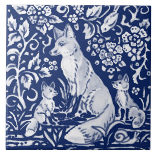 Kobalt Navy Blue Cobalt Fox Family Floral Animal  Tegeltje