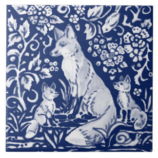 Kobalt Navy Blue Cobalt Fox Family Floral Animal Tegeltje