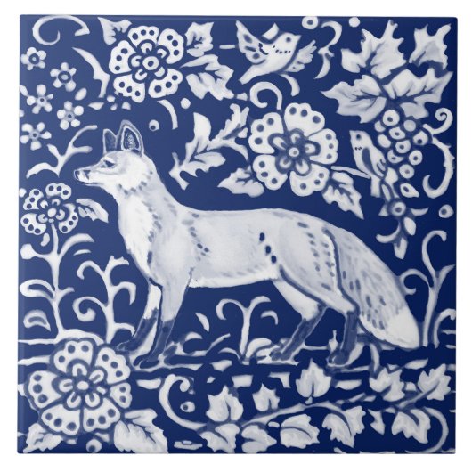 Kobalt Navy Blue Cobalt Fox Woodland Floral Morris Tegeltje (Voorkant)