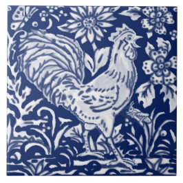 Kobalt Navy Blue Cobalt Rooster Chicken Floral Tegeltje