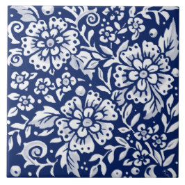 Kobalt Navy Blue Floral Flower Leaf Intricate Tegeltje