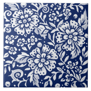Kobalt Navy Blue Floral Flower Leaf Intricate Tegeltje
