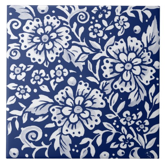 Kobalt Navy Blue Floral Flower Leaf Intricate Tegeltje (Voorkant)