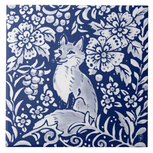 Kobalt Navy Blue Woodland Animal Cute Fox Fern Tegeltje (Voorkant)