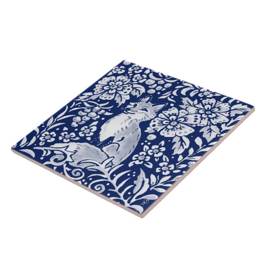Kobalt Navy Blue Woodland Animal Cute Fox Fern Tegeltje (Zijkant)