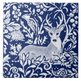 Kobalt Navy Blue Woodland Animal Deer Foliage Tegeltje