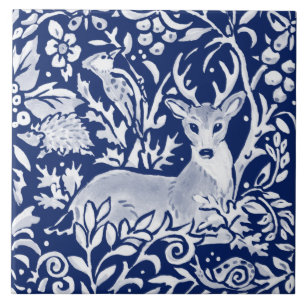 Kobalt Navy Blue Woodland Animal Deer Foliage Tegeltje