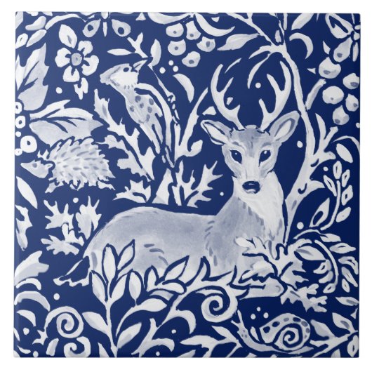 Kobalt Navy Blue Woodland Animal Deer Foliage Tegeltje (Voorkant)