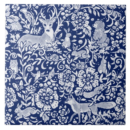 Kobalt Navy Blue Woodland Animal Fox Rabbit Deer Tegeltje (Voorkant)
