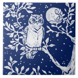 Kobalt Navy Blue Woodland Animal Owl Night Moon Tegeltje
