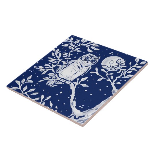 Kobalt Navy Blue Woodland Animal Owl Night Moon Tegeltje (Zijkant)