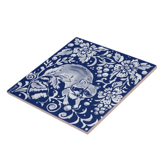 Kobalt Navy Blue Woodland Animal Raccoon Fruit Tegeltje (Zijkant)